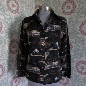 VINTAGE 1970s Black Polyester Volcano Button Down Shirt